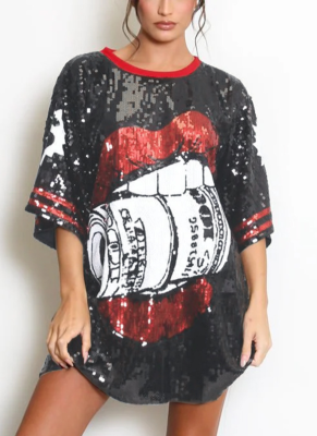Fashion Round Neck Half Sleeve Loose Sequin Printed Dress Wholesale PMR-706