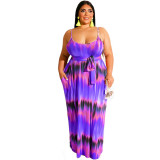 Plus Size Women Tie-dye Straps Maxi Dress with Belt OSS-19389