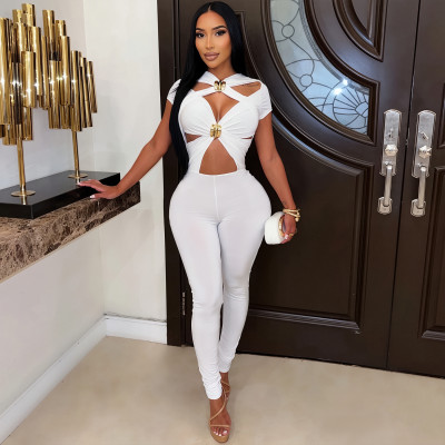 Sexy Hollow-out Short Sleeves Solid Color Bodycon Jumpsuit BY-7845