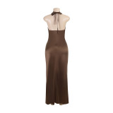 Sexy Halter-Neck Cowl-Neck Satin High-Waisted Ruched Slit Dress RS-26419