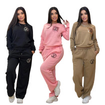 Round Neck Loose Long Sleeved Hoodie Drawstring Wide Leg Pants Set CY-5369
