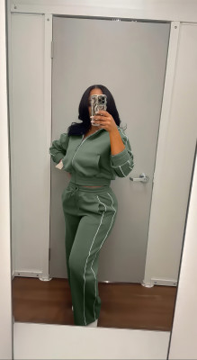 Long Sleeve Elastic Waist Wide Straight Leg Pants Two Pieces TK-6357