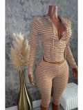 Stylish Striped Hooded Zip-Up Cardigan and Cropped Pants Two-Piece Set CH-26050