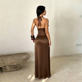Sexy Halter-Neck Cowl-Neck Satin High-Waisted Ruched Slit Dress RS-26419