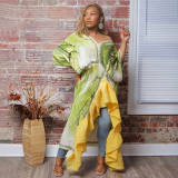 Fashion Print Flounced Long Sleeves Patchwork Pleated Maxi Dress YF-11143