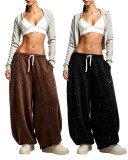 Winter Loose Cut Diamond Studded Plain Women Sweatpants XMOJ-8796