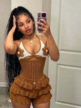 Knitted Halter Open-front Bra Scalloped Shorts Jumpsuit CM-60511