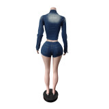 Retro-Style Stretch Denim Long-Sleeve Top and Shorts Set MEM-88721