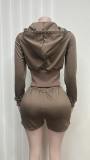 Beaded Hooded Zipper Pullover Hoodie Loose Casual Shorts Set RS-Z74