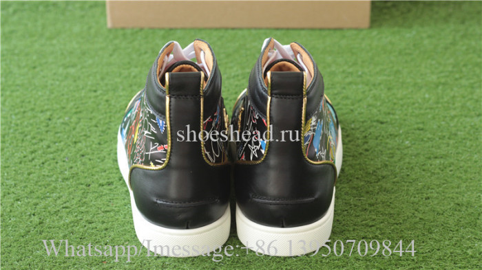 Christian Louboutin Flat Spike High Top Sneaker Black Graffiti Print