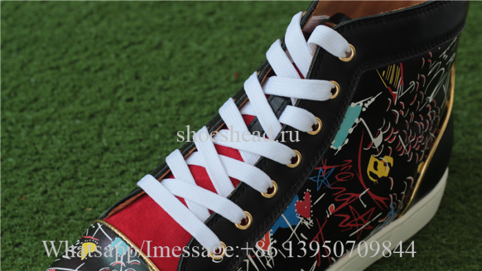 Christian Louboutin Flat Spike High Top Sneaker Black Graffiti Print