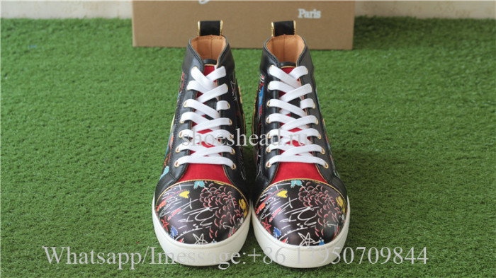 Christian Louboutin Flat Spike High Top Sneaker Black Graffiti Print