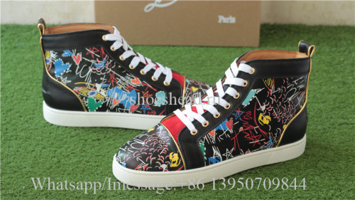 Christian Louboutin Flat Spike High Top Sneaker Black Graffiti Print