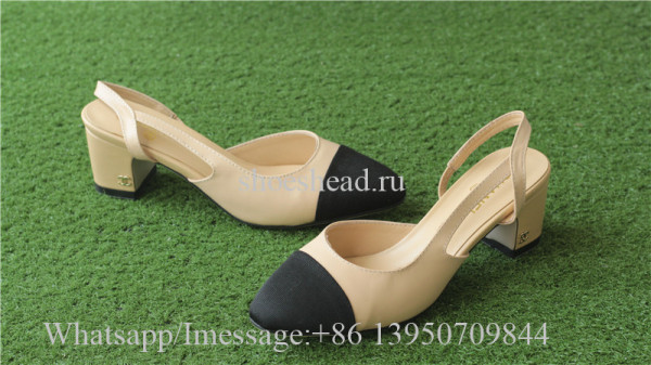 Chanel Beige Lambskin Leather Black Heel