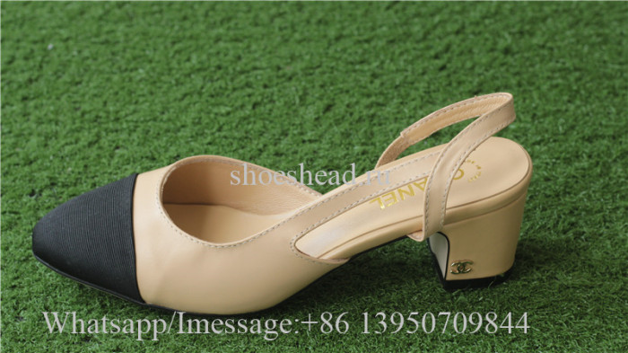 Chanel Beige Lambskin Leather Black Heel