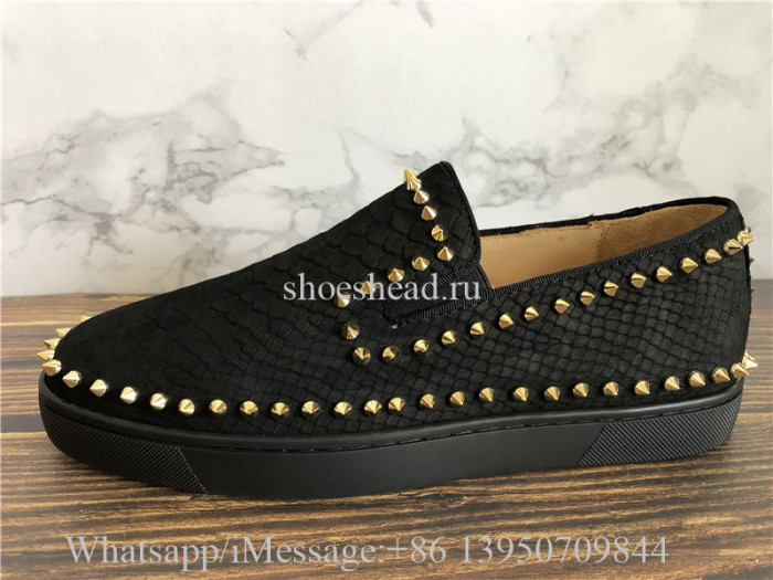 Christian Louboutin Low Spikes Python Leather Pik Boat Flat Black