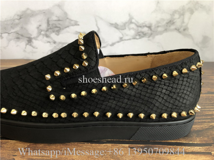 Christian Louboutin Low Spikes Python Leather Pik Boat Flat Black