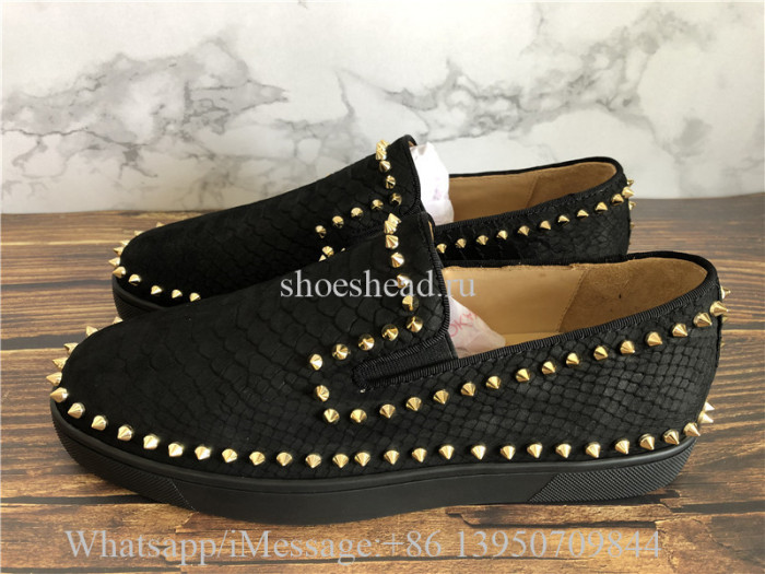 Christian Louboutin Low Spikes Python Leather Pik Boat Flat Black