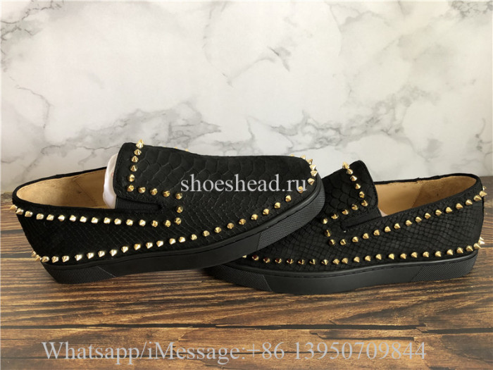 Christian Louboutin Low Spikes Python Leather Pik Boat Flat Black