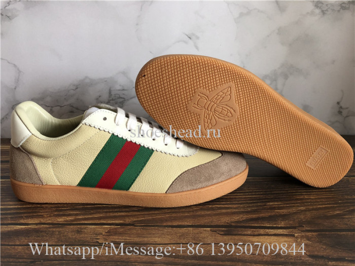 Gucci G74 Leather Sneaker With Web In Butter Leather