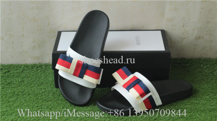 Gucci White Satin Slide With Web Bow