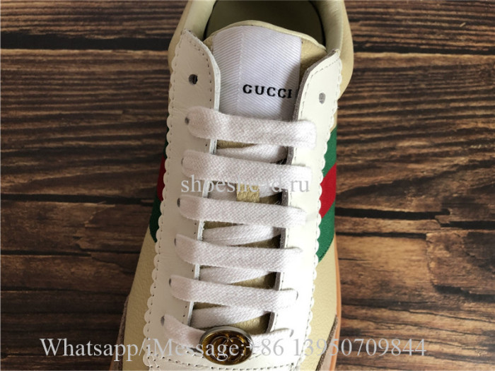 Gucci G74 Leather Sneaker With Web In Butter Leather