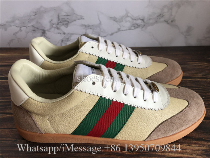 Gucci G74 Leather Sneaker With Web In Butter Leather