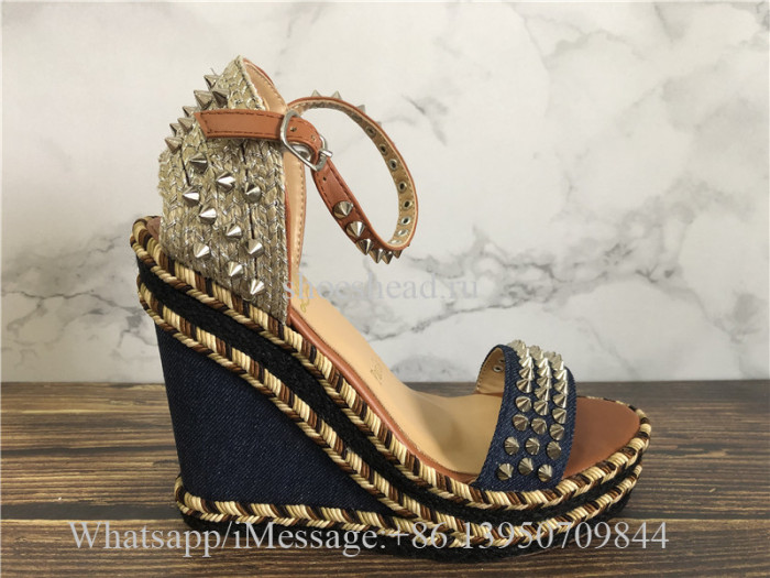 Christian Louboutin Madmonica 120mm Spike Denim Wedge Red Sole Sandals