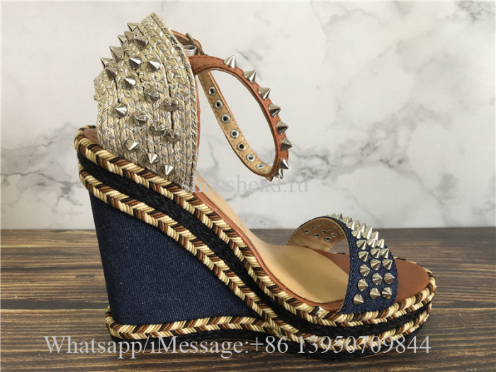 Christian Louboutin Madmonica 120mm Spike Denim Wedge Red Sole Sandals