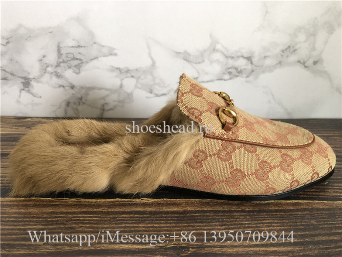 Gucci Princetown Fur-Lined GG Canvas Slippers