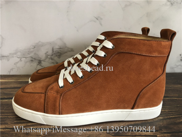 Christian Louboutin Spike Flat High Top Sneaker Tan Suede