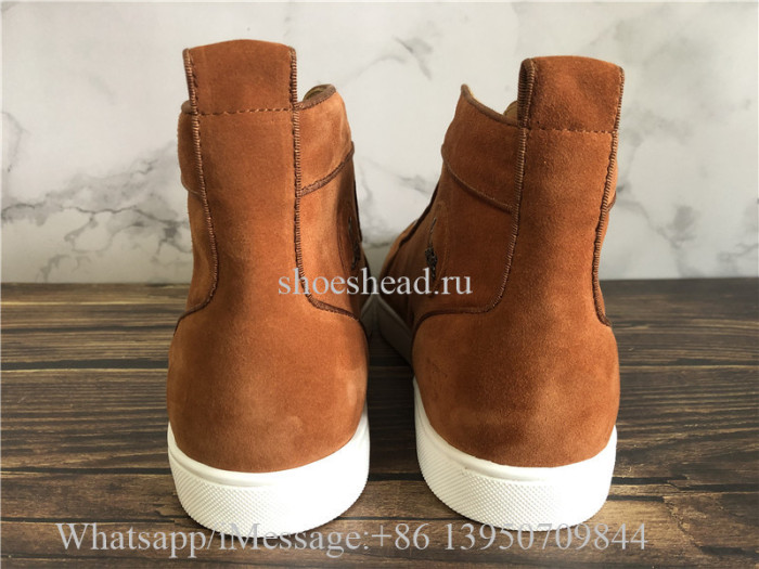 Christian Louboutin Spike Flat High Top Sneaker Tan Suede
