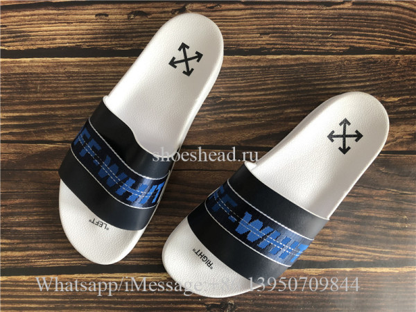 Off White Blue Stripe Black White Slides