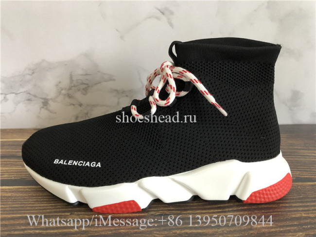 Balenciaga Lace-Up Knit Sock Speed Trainer Black Red White