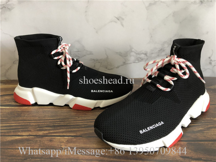 Balenciaga Lace-Up Knit Sock Speed Trainer Black Red White