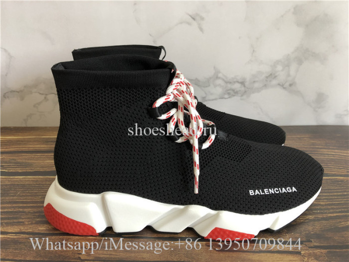 Balenciaga Lace-Up Knit Sock Speed Trainer Black Red White