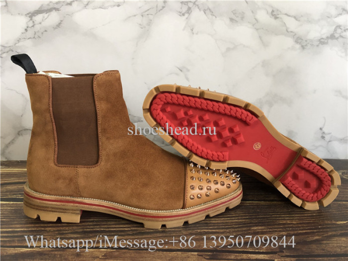 Christian Louboutin Spike High Boots Camel Brown Suede