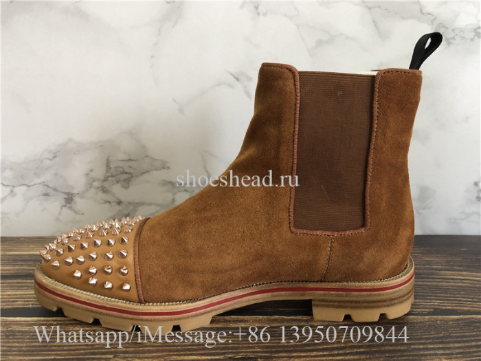 Christian Louboutin Spike High Boots Camel Brown Suede