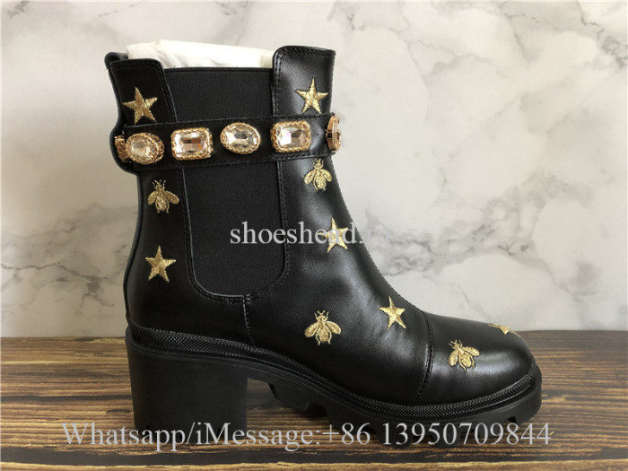 Gucci Black Leather Embroidered Ankle Boot With Belt