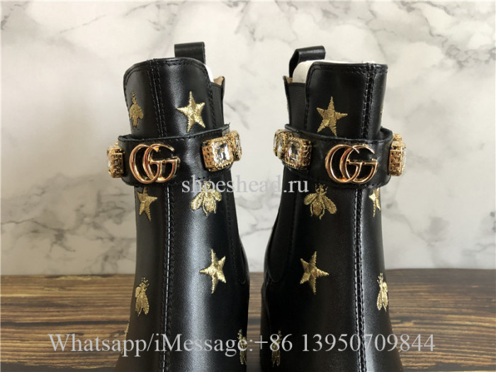 Gucci Black Leather Embroidered Ankle Boot With Belt