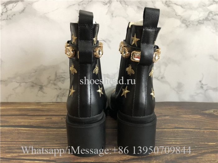 Gucci Black Leather Embroidered Ankle Boot With Belt