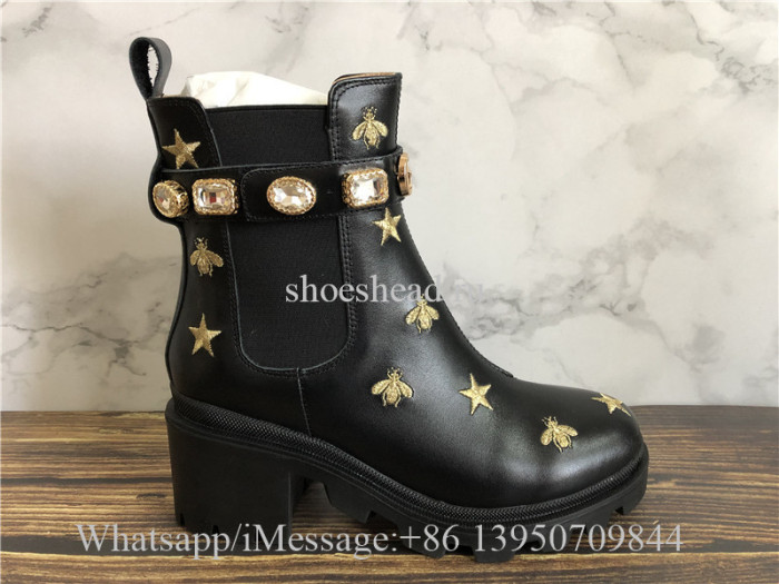Gucci Black Leather Embroidered Ankle Boot With Belt
