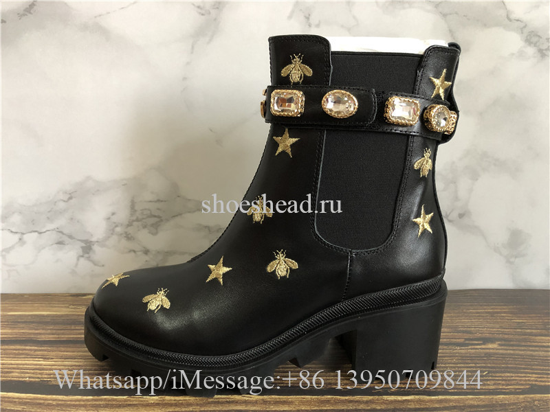 Gucci Black Leather Embroidered Ankle Boot With Belt