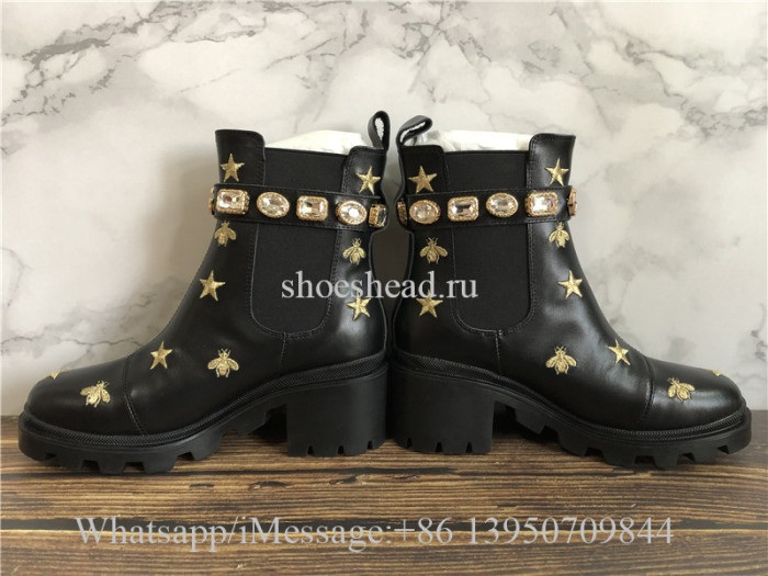 Gucci Black Leather Embroidered Ankle Boot With Belt