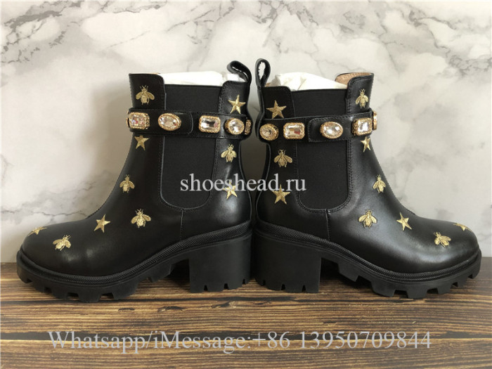 Gucci Black Leather Embroidered Ankle Boot With Belt