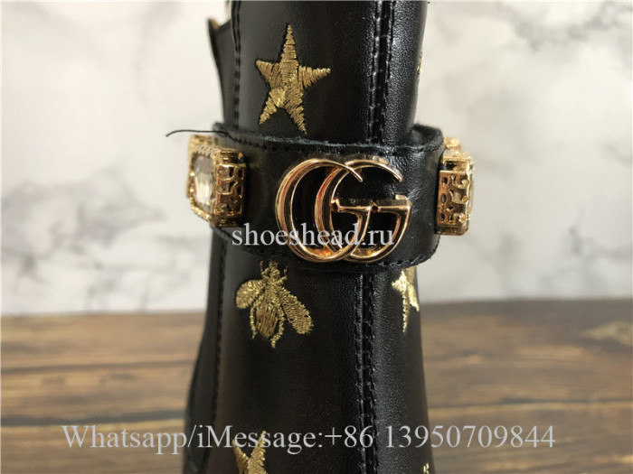 Gucci Black Leather Embroidered Ankle Boot With Belt