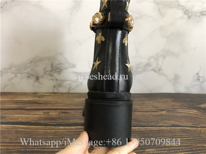 Gucci Black Leather Embroidered Ankle Boot With Belt