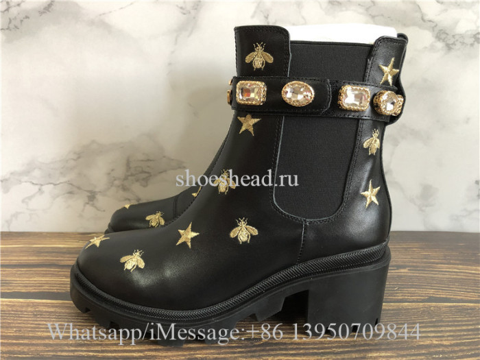 Gucci Black Leather Embroidered Ankle Boot With Belt