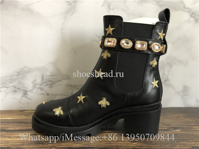 Gucci Black Leather Embroidered Ankle Boot With Belt