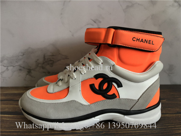 Chanel White Orange CC Logo High Top Sneaker